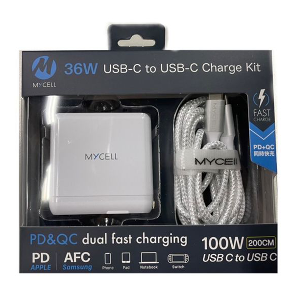 Mycell Type C to C 快充傳輸線+QC3.0 +PD快充 36W 旅行充電器