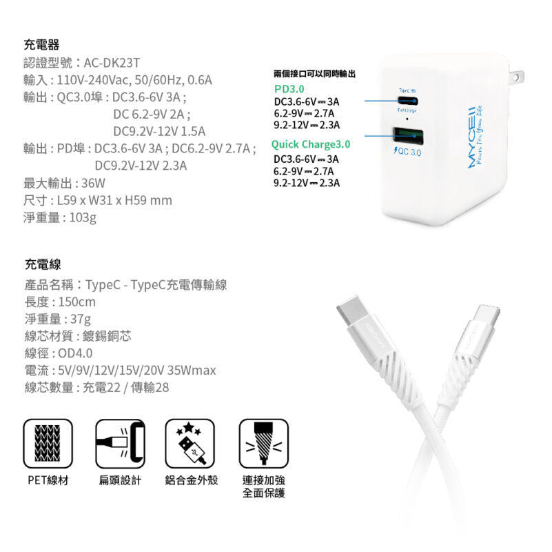 Mycell Type C to C 快充傳輸線+QC3.0 +PD快充 36W 旅行充電器