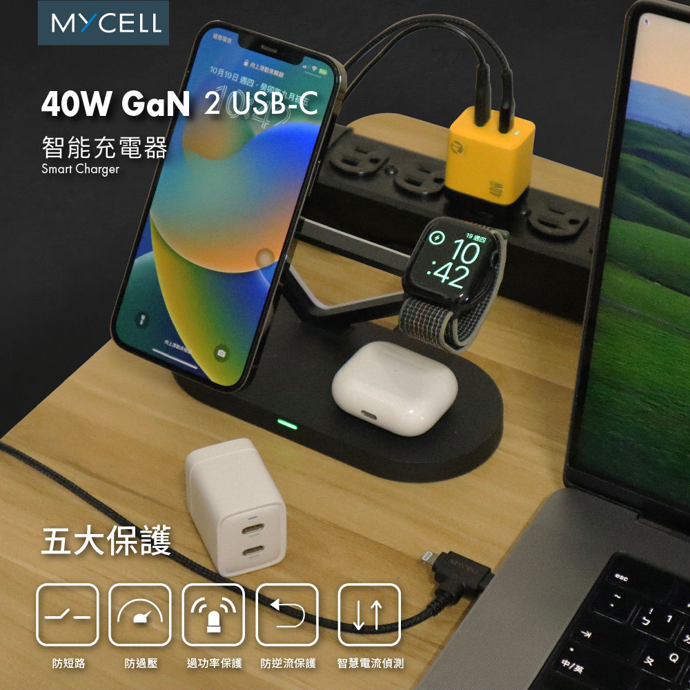40W 2 USB-C 氮化鎵智能充電器