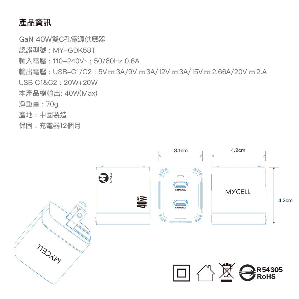 40W 2 USB-C 氮化鎵智能充電器