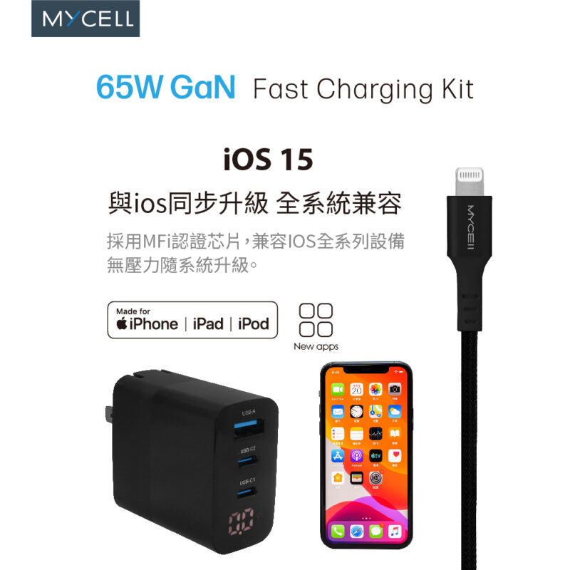 Mycell 65W 數顯GaN氮化鎵電源供應器+TypeC to Lightning編織充電線(1.5M) PD閃充充電組