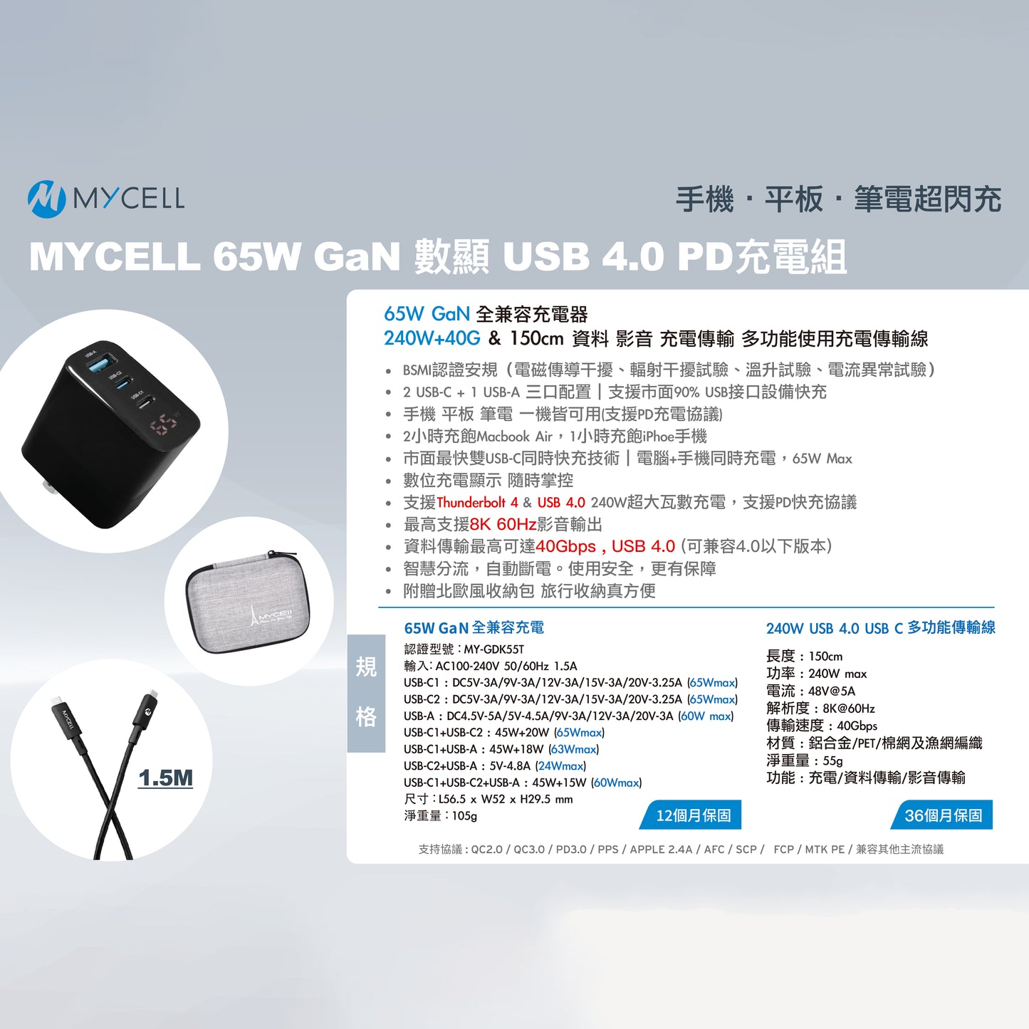 Mycell 65W 數顯GaN氮化鎵電源供應器+ 240W Thunderbolt 4 8K 多功能傳輸線(1.5M)組合包