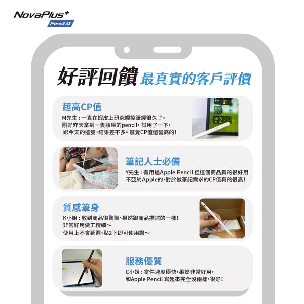 NovaPlus A5 iPad 觸控筆-2025 經典白 ｜磁吸書寫 × 1.5mm 耐磨筆尖｜（iPad mini 7 適用）