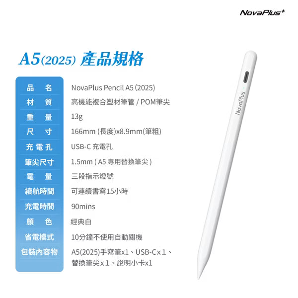 NovaPlus A5 iPad 觸控筆-2025 經典白 ｜磁吸書寫 × 1.5mm 耐磨筆尖｜（iPad mini 7 適用）