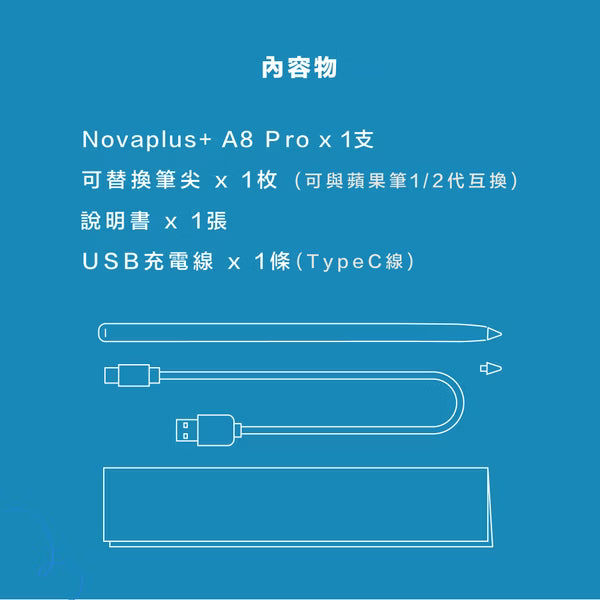 NovaPlus 旗艦款A8 Pro iPad繪圖手寫筆：簡報上下鍵、側邊實體橡皮擦、雙模式充電（2025版適用mini7)