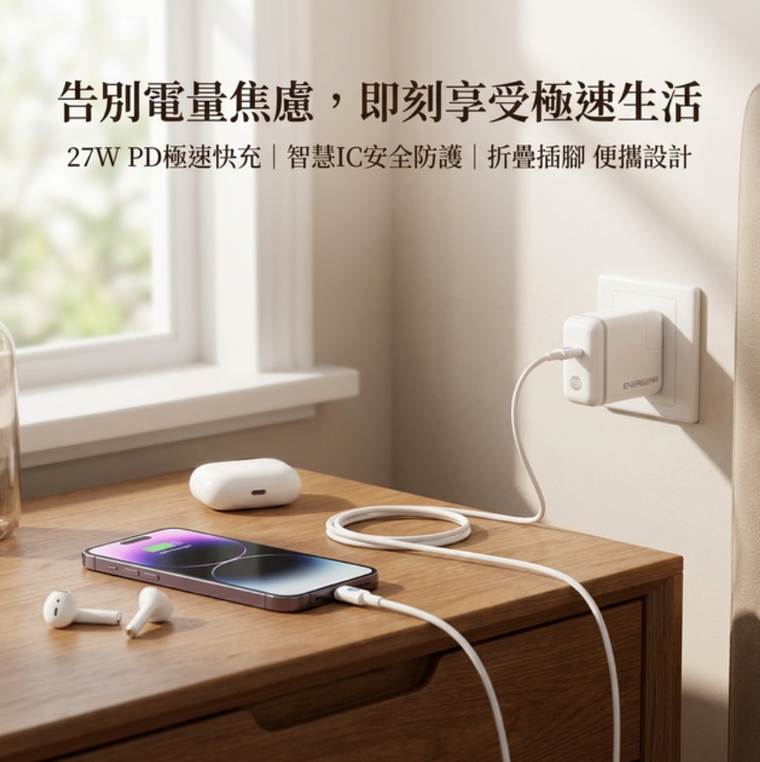 ENERGEAR 安杰爾 27W PD快充器 + Type-C to Lightning快充線