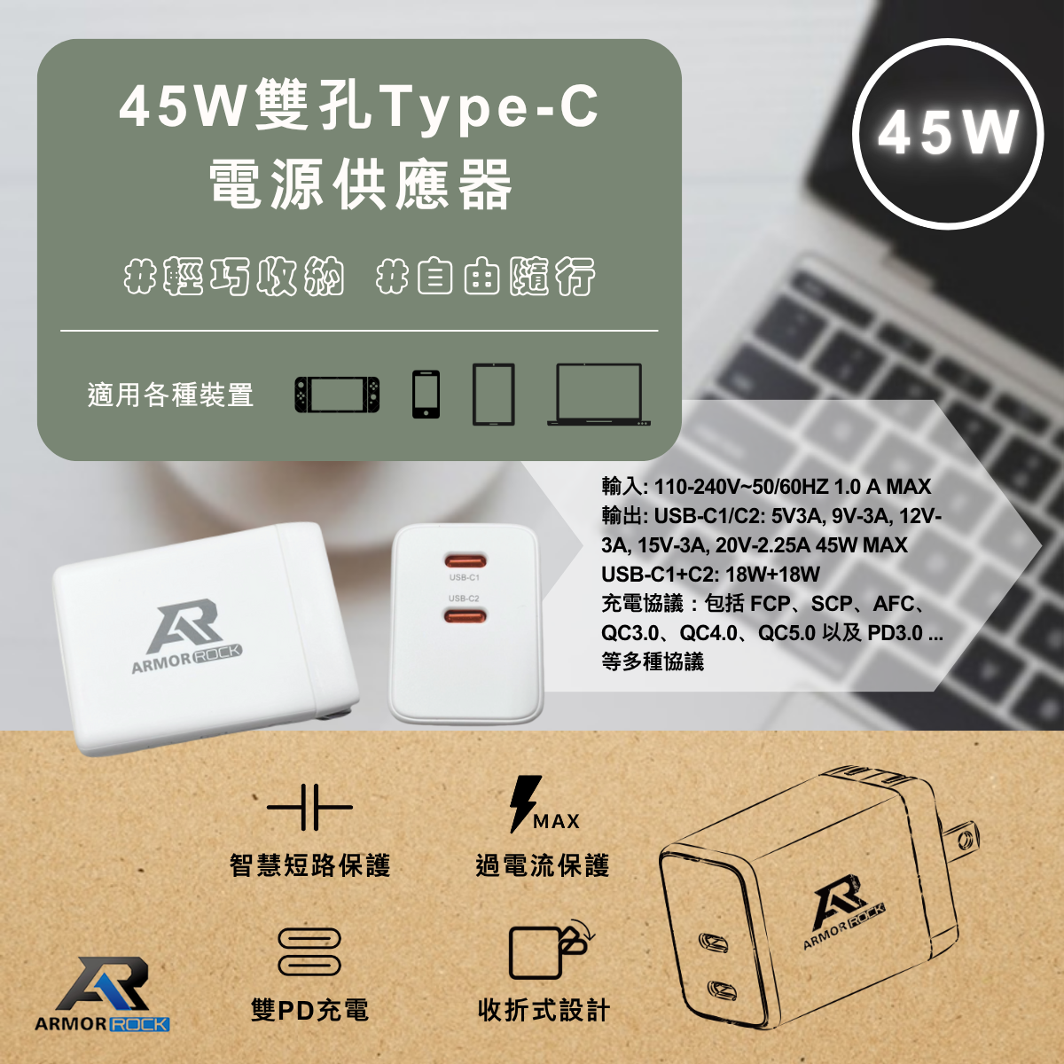 ArmorRock 45W雙孔Type-C 電源供應器