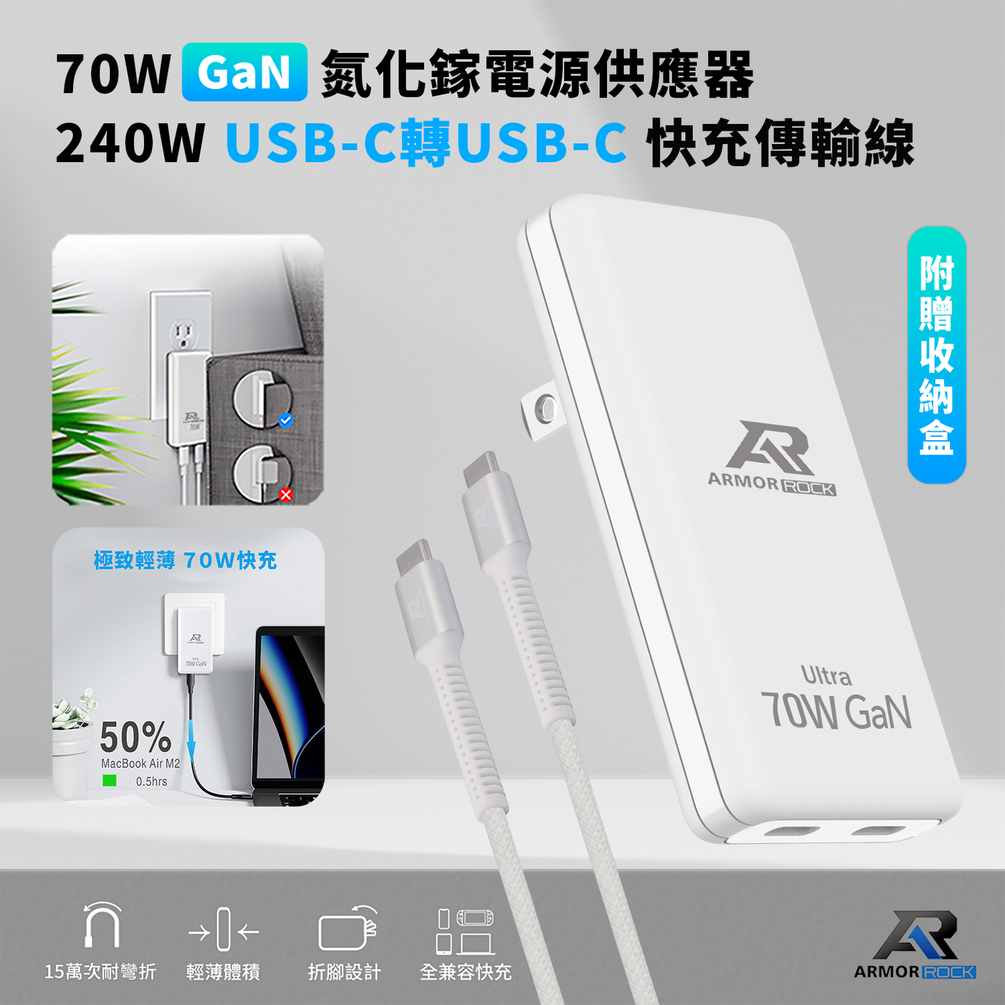 70WGaN氮化鎵超薄型電源供應器+240W多功能編織傳輸線(2M）組合包