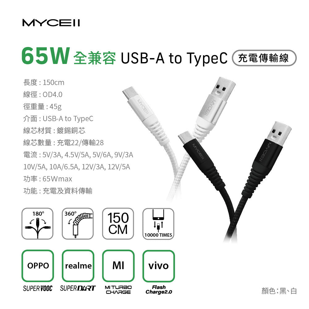 Mycell 65W全兼容 USB-A to TypeC 充電傳輸線