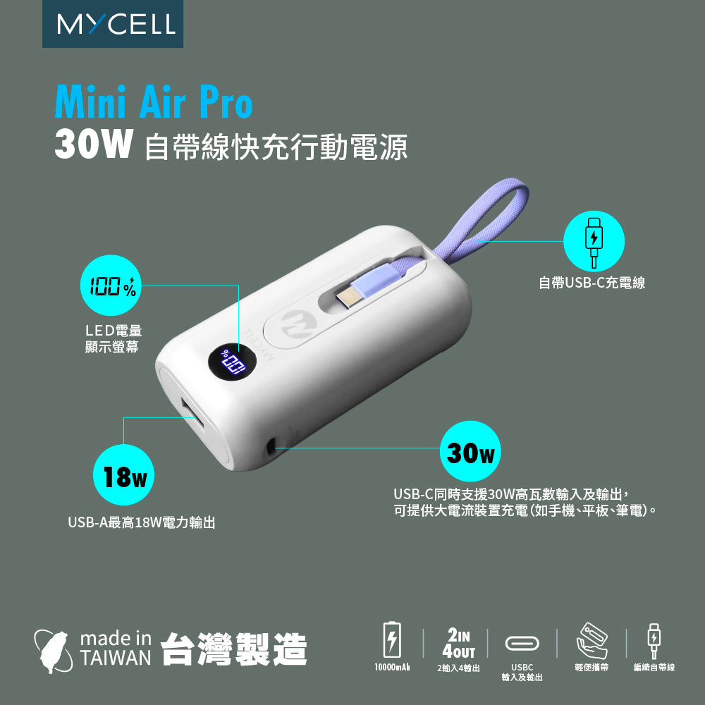 Mycell MiniAir PRO 30W 10000mAh行動電源(自帶T-ype C線)