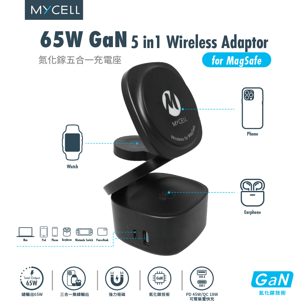 Mycell 65W GaN 5in1 磁吸式無線充電器